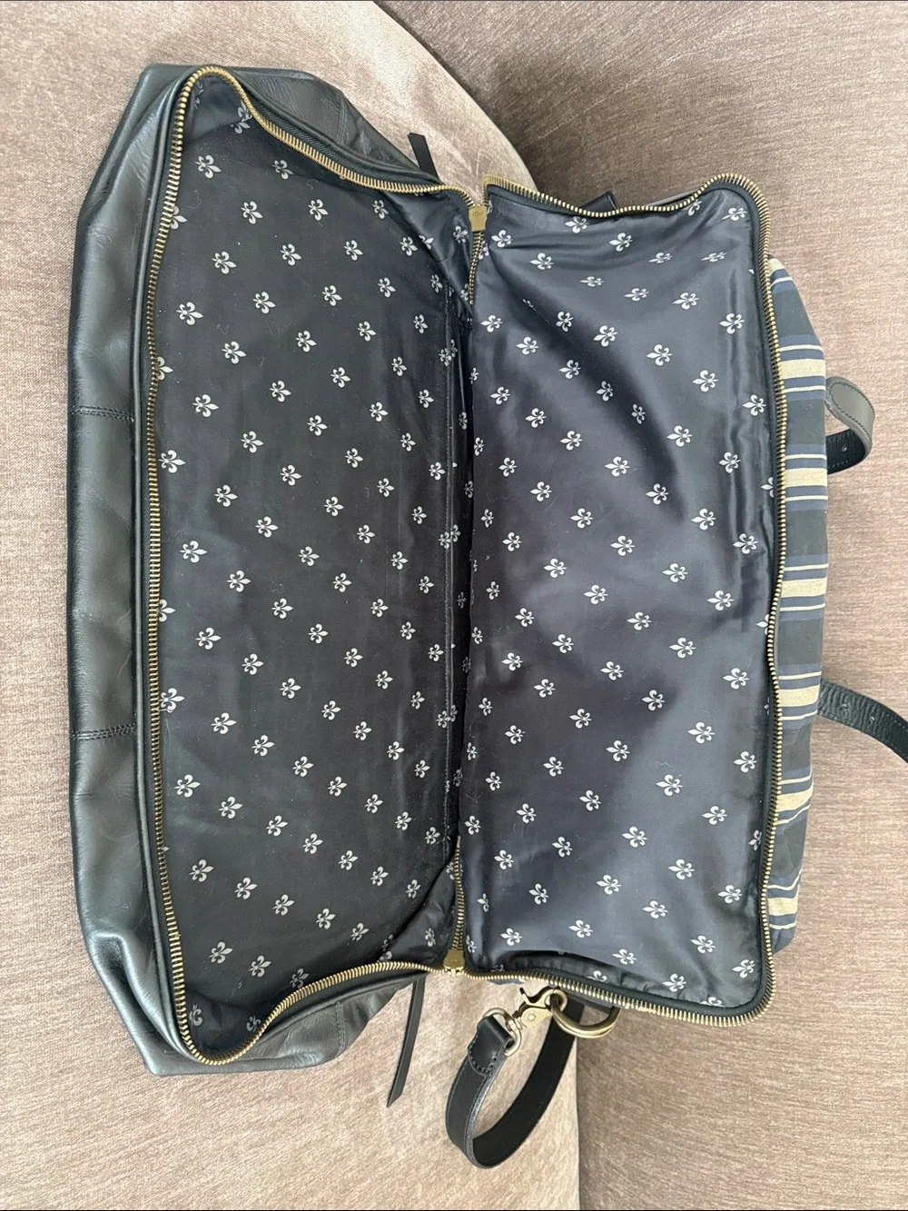 John Varvatos Navy and Tan Striped Leather-Trim Duffel